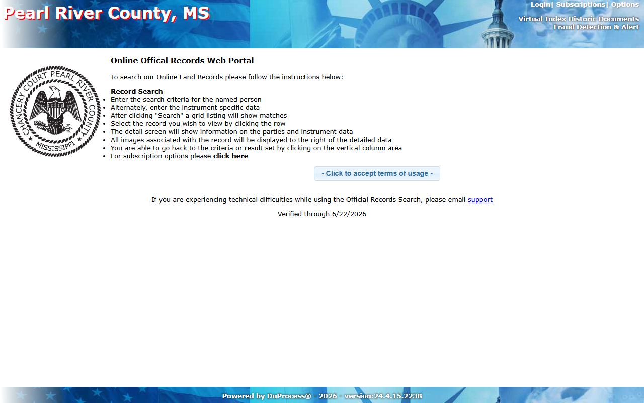 Pearl River County Chancery Clerk land-record docket web inquiry portal