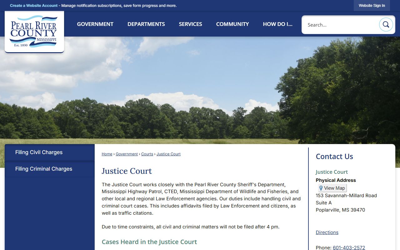 Pearl River County Justice Court docket information page