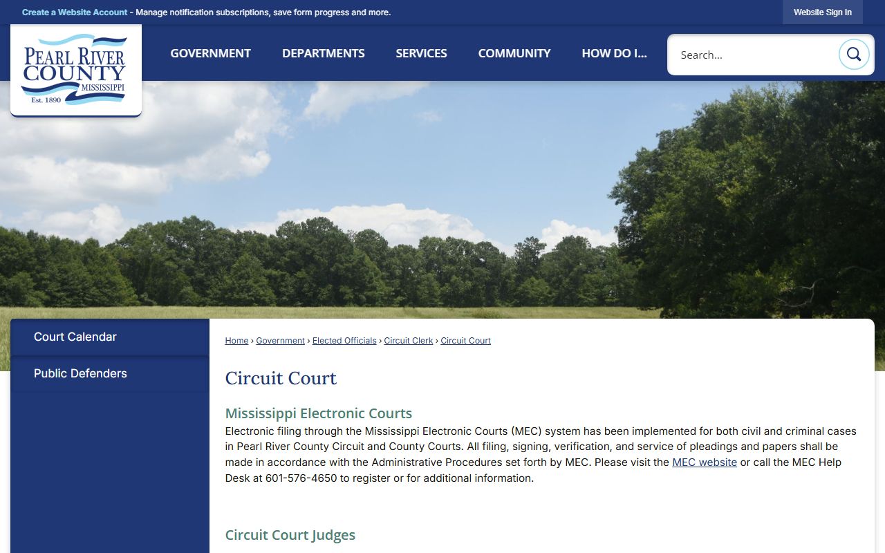 Pearl River County Circuit Court page with MEC court records notice