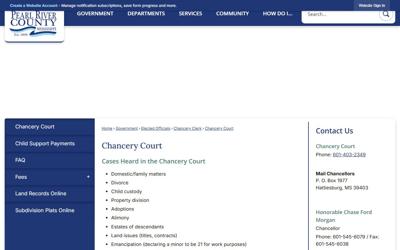 Pearl River County Chancery Court page for divorce and probate court records
