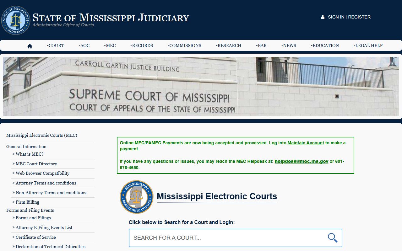 MEC portal information page for Pearl River County court records search