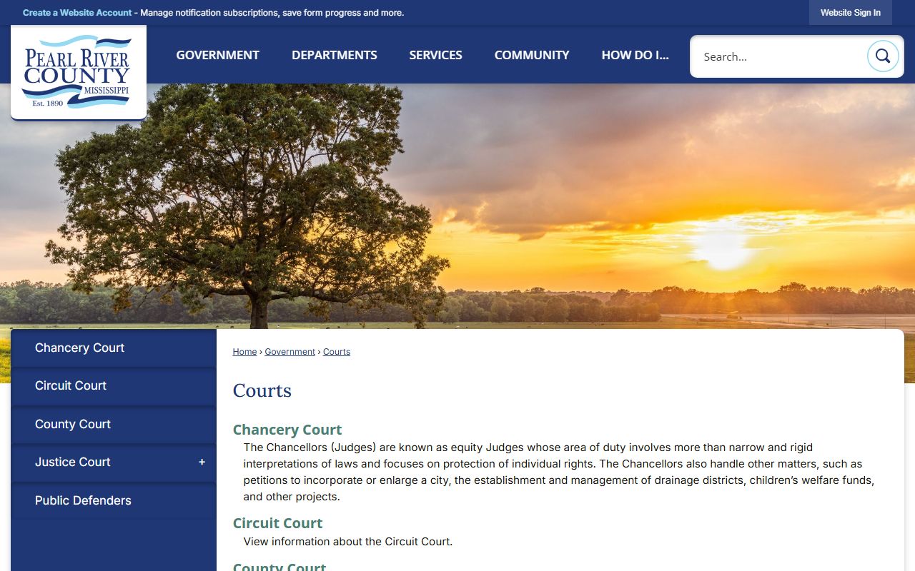 Pearl River County courts landing page listing the court records system