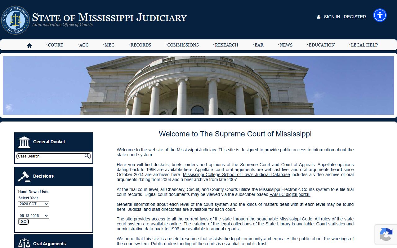 Mississippi Judiciary homepage linking Pearl River County court records tools