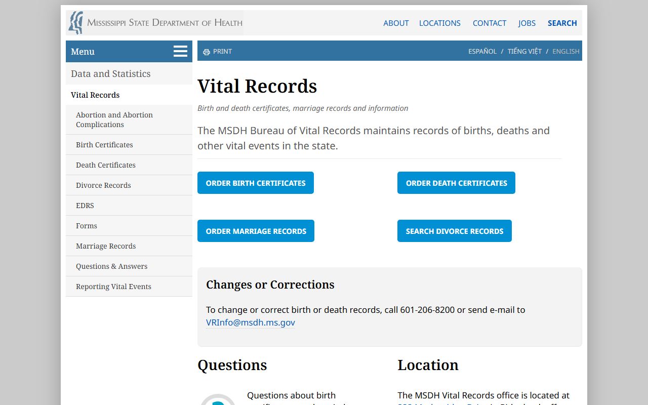 Pearl River County marriage divorce records page at Mississippi State Department of Health vital records