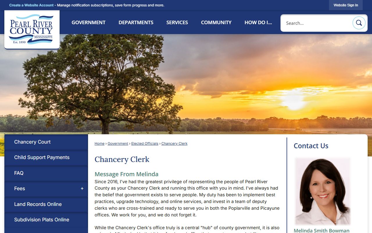 Pearl River County Chancery Clerk page for probate, estate, and land records