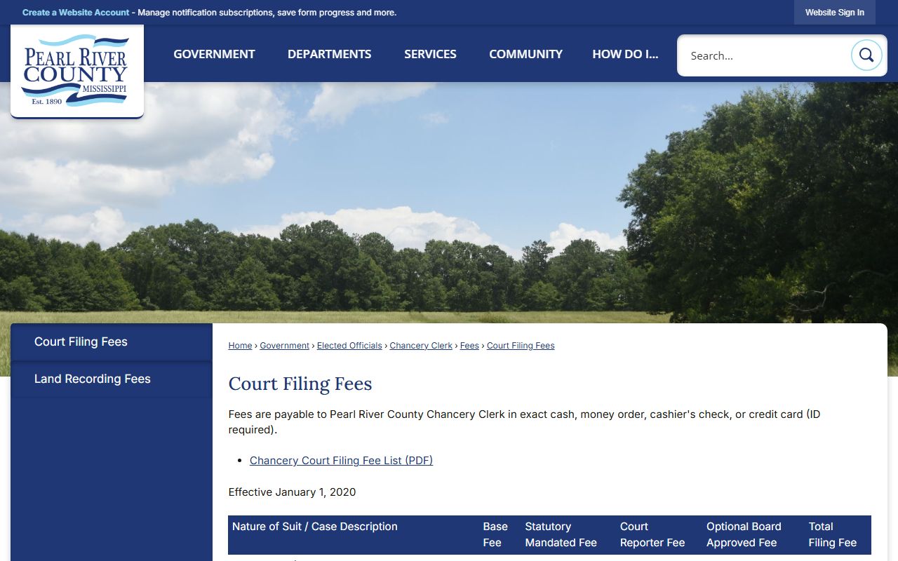 Pearl River County chancery probate filing fee page