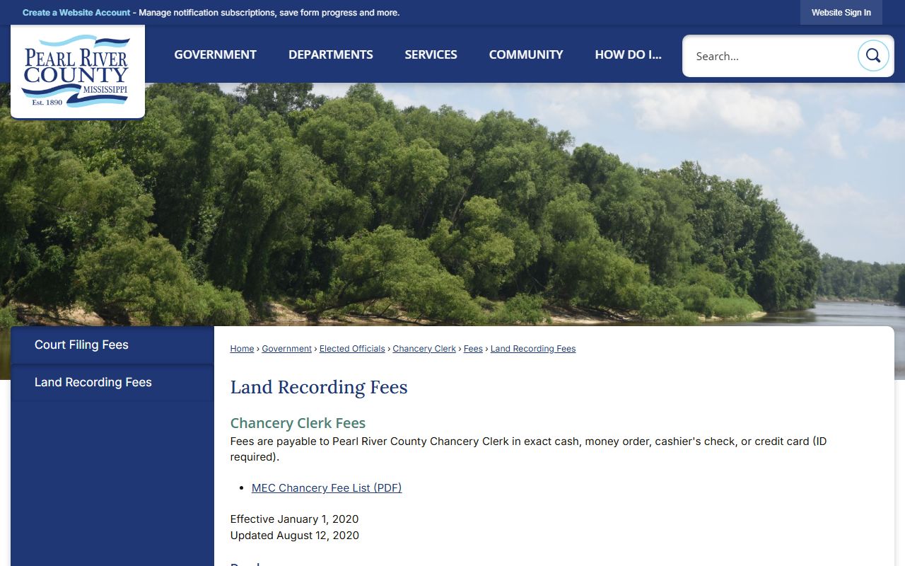 Pearl River County Chancery land recording fees page for probate property transfers