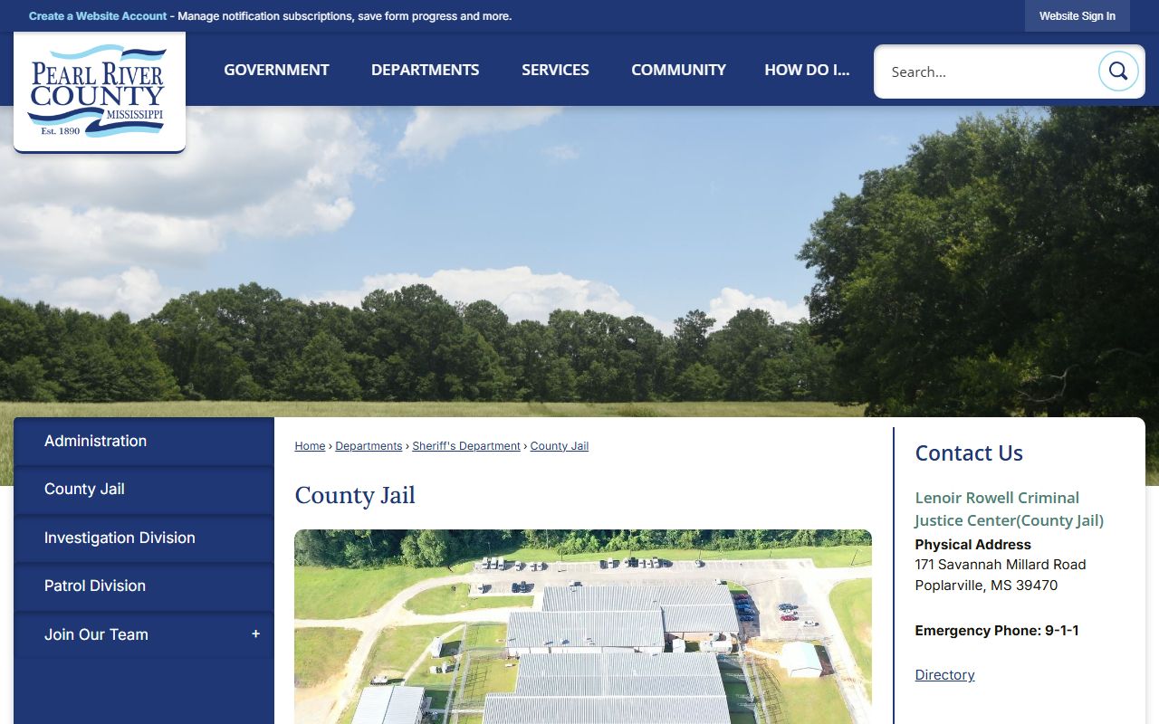 Pearl River County County Jail page used to check warrant and custody status
